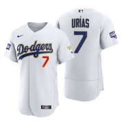 Wholesale Cheap Men's Los Angeles Dodgers #7 Julio Urias White Gold Championship Flex Base Sttiched MLB Jersey