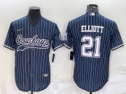 Wholesale Cheap Men's Dallas Cowboys #21 Ezekiel Elliott Navy Blue Pinstripe With Patch Cool Base Stitched Baseball Jersey