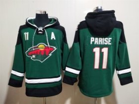 Wholesale Cheap Men\'s Minnesota Wild #11 Zach Parise Green Ageless Must-Have Lace-Up Pullover Hoodie