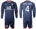 Wholesale Cheap Men 2021-2022 ClubParis Saint-Germainhome blue Long Sleeve 4 Soccer Jersey