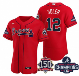 Wholesale Cheap Men\'s Red Atlanta Braves #12 Jorge Soler 2021 World Series Champions With 150th Anniversary Flex Base Stitched Jersey