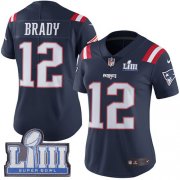Wholesale Cheap Nike Patriots #12 Tom Brady Navy Blue Super Bowl LIII Bound Women's Stitched NFL Limited Rush Jersey
