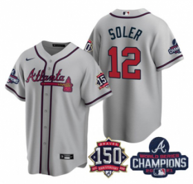 Wholesale Cheap Men\'s Grey Atlanta Braves #12 Jorge Soler 2021 World Series Champions With 150th Anniversary Patch Cool Base Stitched Jersey