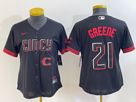 Wholesale Cheap Women\'s Cincinnati Reds #21 Hunter Greene Black 2023 City Connect Cool Base Stitched Jersey