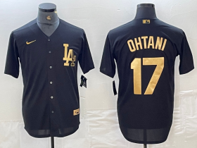 Cheap Men\'s Los Angeles Dodgers #17 Shohei Ohtani Black Gold Cool Base Stitched Jersey
