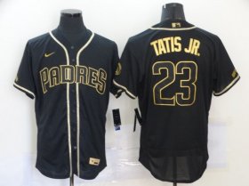 Wholesale Cheap Men\'s San Diego Padres #23 Fernando Tatis Jr. Black With Gold Stitched MLB Flex Base Nike Jersey