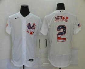 Wholesale Cheap Men\'s New York Yankees #2 Derek Jeter White USA Flag Stitched MLB Flex Base Nike Jersey
