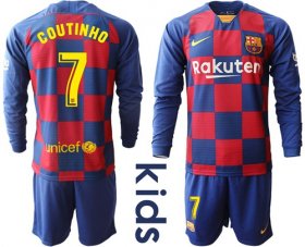 Wholesale Cheap Barcelona #7 Coutinho Home Long Sleeves Kid Soccer Club Jersey