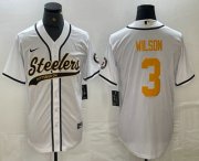 Cheap Men's Pittsburgh Steelers #3 Russell Wilson White With Patch Cool Base Stitched Baseball Jersey