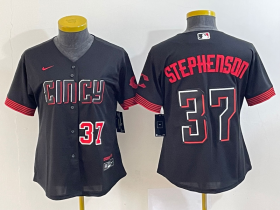 Wholesale Cheap Women\'s Cincinnati Reds #37 Tyler Stephenson Number Black 2023 City Connect Cool Base Stitched Jersey