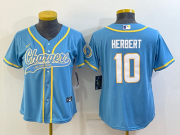 Wholesale Cheap Women's Los Angeles Chargers #10 Justin Herbert Blue With Patch Cool Base Stitched Baseball Jersey