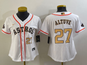 Cheap Women's Houston Astros #27 Jose Altuve Number 2023 White Gold World Serise Champions Patch Cool Base Stitched Jerseys