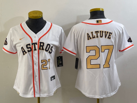 Cheap Women\'s Houston Astros #27 Jose Altuve Number 2023 White Gold World Serise Champions Patch Cool Base Stitched Jerseys