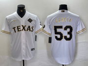 Cheap Men's Texas Rangers #53 Adolis Garcia White Gold Cool Base Stitched Baseball Jersey