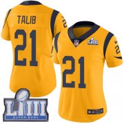 Wholesale Cheap Nike Rams #21 Aqib Talib Gold Super Bowl LIII Bound Women's Stitched NFL Limited Rush Jersey
