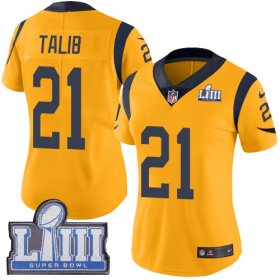 Wholesale Cheap Nike Rams #21 Aqib Talib Gold Super Bowl LIII Bound Women\'s Stitched NFL Limited Rush Jersey