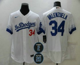 Wholesale Cheap Men\'s Los Angeles Dodgers #34 Fernando Valenzuela White #2 #20 Patch City Connect Flex Base Stitched Jersey