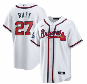 Wholesale Cheap Men\'s White Atlanta Braves #27 Austin Riley 2021 World Series Champions Cool Base Stitched Jersey