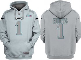 Cheap Men\'s Philadelphia Eagles #1 Jalen Hurts Gray Atmosphere Fashion Super Bowl LVII Patch Pullover Hoodie