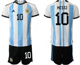Wholesale Cheap Men\'s Argentina #10 Lionel Messi White Blue Soccer Jersey Suit