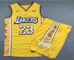 Wholesale Cheap Men's Los Angeles Lakers #23 LeBron James Yellow 2020 Nike City Edition Swingman Jersey With Shorts