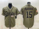 Wholesale Cheap Men's Kansas City Chiefs #15 Patrick Mahomes 2022 Olive Salute to Service Cool Base Stitched Baseball Jersey