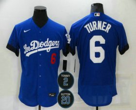 Wholesale Cheap Men\'s Los Angeles Dodgers #6 Trea Turner Blue #2 #20 Patch City Connect Flex Base Stitched Jersey