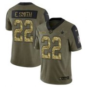 Wholesale Cheap Men's Olive Dallas Cowboys #22 Emmitt Smith 2021 Camo Salute To Service Limited Stitched Jersey