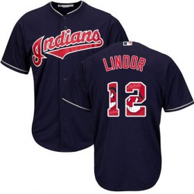 Wholesale Cheap Indians #12 Francisco Lindor Navy Blue Team Logo Fashion Stitched MLB Jersey