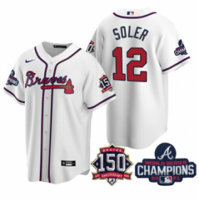 Wholesale Cheap Men\'s White Atlanta Braves #12 Jorge Soler 2021 World Series Champions With 150th Anniversary Patch Cool Base Stitched Jersey