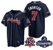 Wholesale Cheap Men's Navy Atlanta Braves #7 Dansby Swanson 2021 World Series Champions With 150th Anniversary Patch Cool Base Stitched Jersey