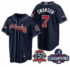 Wholesale Cheap Men\'s Navy Atlanta Braves #7 Dansby Swanson 2021 World Series Champions With 150th Anniversary Patch Cool Base Stitched Jersey