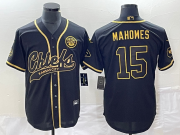 Wholesale Cheap Men's Kansas City Chiefs #15 Patrick Mahomes Black Gold Super Bowl LVII Cool Base Stitched Baseball Jersey