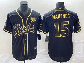Wholesale Cheap Men\'s Kansas City Chiefs #15 Patrick Mahomes Black Gold Super Bowl LVII Cool Base Stitched Baseball Jersey
