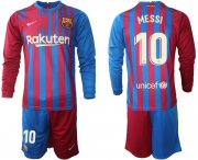 Wholesale Cheap Men 2021-2022 Club Barcelona home red blue Long Sleeve 10 Nike Soccer Jerseys