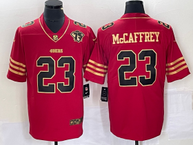 Wholesale Cheap Men\'s San Francisco 49ers #23 Christian McCaffrey Red 75th Patch Golden Edition Stitched Nike Limited Jersey