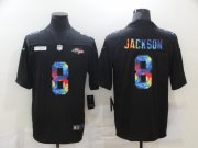 Wholesale Cheap Men's Baltimore Ravens #8 Lamar Jackson Multi-Color Black 2020 NFL Crucial Catch Vapor Untouchable Nike Limited Jersey