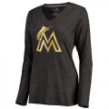 Wholesale Cheap Women's Miami Marlins Gold Collection Long Sleeve V-Neck Tri-Blend T-Shirt Black