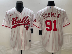Wholesale Cheap Men\'s Chicago Bulls #91 Dennis Rodman White Pinstripe Cool Base Stitched Baseball Jersey