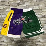 Wholesale Cheap Men's Los Angeles Lakers and Boston Celtics Purle With Green 2008 The Finals Patch Split Hardwood Classics Soul Swingman Throwback Shorts