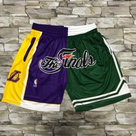 Wholesale Cheap Men\'s Los Angeles Lakers and Boston Celtics Purle With Green 2008 The Finals Patch Split Hardwood Classics Soul Swingman Throwback Shorts
