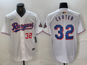 Cheap Men\'s Texas Rangers #32 Evan Carter Number White 2023 World Series Champions Cool Base Jersey