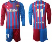 Wholesale Cheap Men 2021-2022 Club Barcelona home red blue Long Sleeve 11 Nike Soccer Jersey