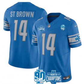 Cheap Men\'s Detroit Lions #14 Amon-Ra St. Brown Blue 2023 90th Anniversary North Division Champions Patch Limited Stitched Jersey