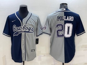 Wholesale Cheap Men\'s Dallas Cowboys #20 Tony Pollard Navy Grey Split With Patch Cool Base Stitched Baseball Jersey