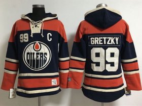 Wholesale Cheap Edmonton Oilers #99 Wayne Gretzky Navy Blue Women\'s Old Time Lacer NHL Hoodie