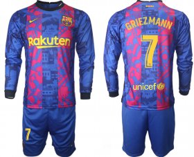 Wholesale Cheap Men 2021-2022 Club Barcelona Second away blue Long Sleeve 7 Soccer Jerseys