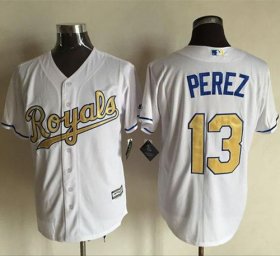 Wholesale Cheap Royals #13 Salvador Perez White New Cool Base 2015 World Series Champions Gold Program Stitched MLB Jersey