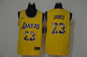 Wholesale Cheap Men\'s Los Angeles Lakers #23 LeBron James Yellow Nike Swingman Stitched NBA Fashion Jersey