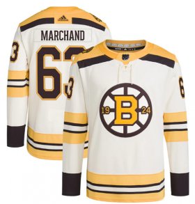 Cheap Men\'s Boston Bruins #63 Brad Marchand Cream 100th Anniversary Stitched Jersey
